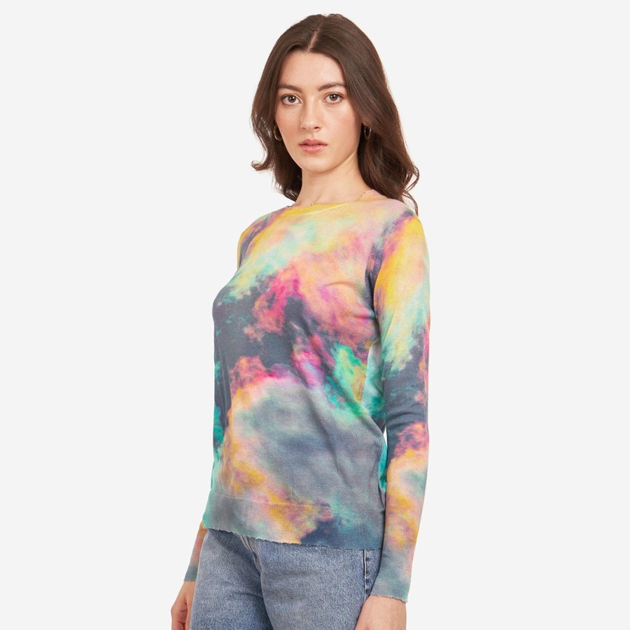 Autumn Cashmere L/S Distressed Edge Cloud Print Crew | Sweaters