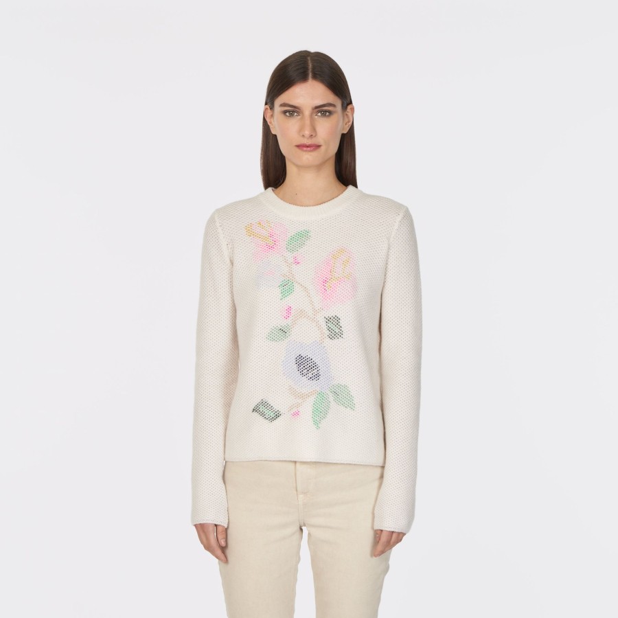 Autumn Cashmere L/S Crew W/ Threaded Floral | Sweaters