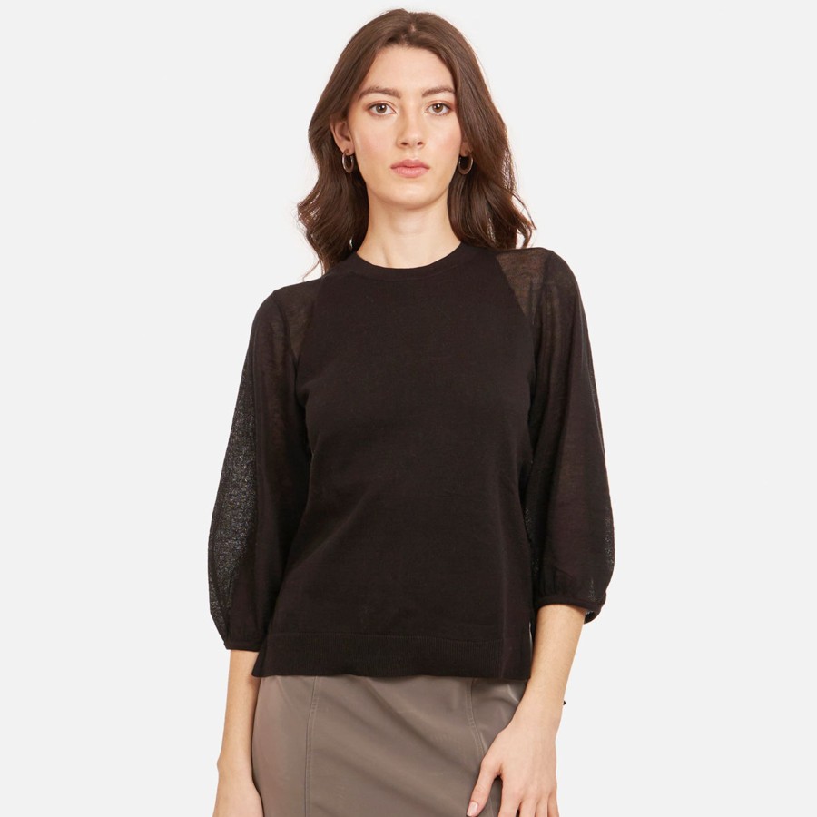 Autumn Cashmere Hi Lo Crew W/ Sheer Puff Sleeves In Black | Sweaters