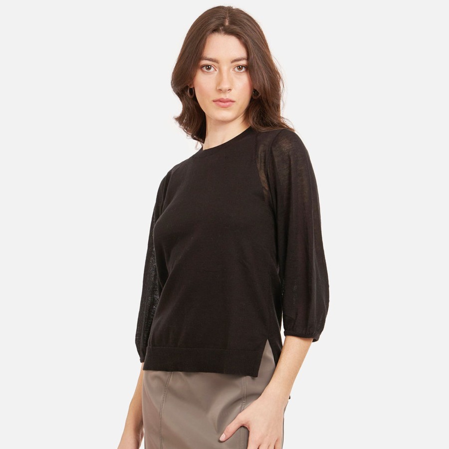 Autumn Cashmere Hi Lo Crew W/ Sheer Puff Sleeves In Black | Sweaters